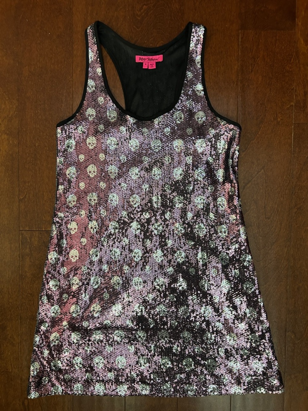 Vintage Betsey Johnson Skull Design Iridescent Sequin Racerback Dress, Size Med